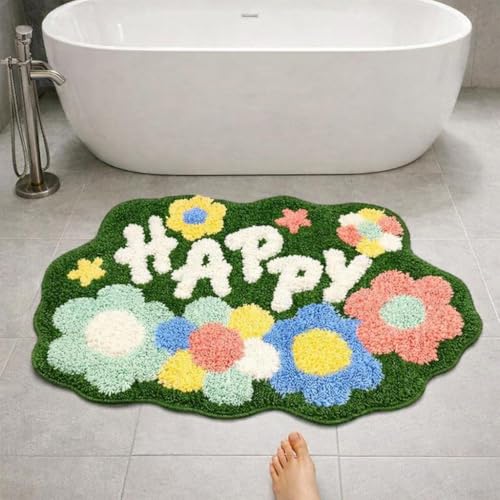 Image of Happy Bath Mat Super Soft Shaggy Kids Bathroom Rug, Anti-Skid, Absorbent, Cute Cartoon Fruit Design, Non-Slip Floor Mat (60 x 40 Cm) (Happy Flower Mat)