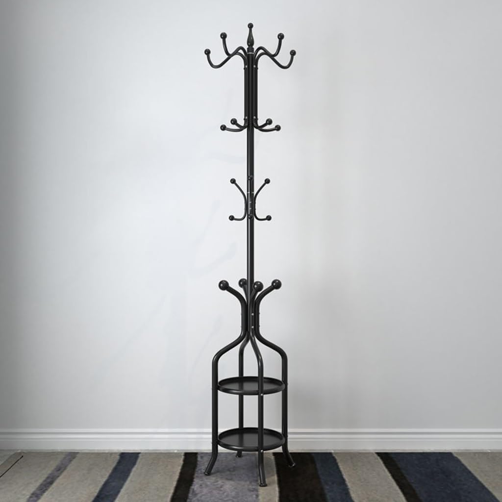 HYLYGFH Freestanding Coat Rack with Umbrella Holder - Metal Hall Tree Stand with 12 Hooks & Shelves for Entryway - Stylish nizer for Coats, Bags, Hats (Black)