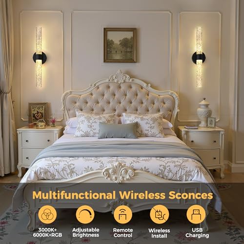 Image of DORESshop Battery Operated Wall Sconces Set of 2, 10000mAh Rechargeable Wall Sconce with Stone Pattern Acrylic, Dimmable Wireless Wall Sconce, Sconce Wall Decor for Living Room, Bedroom, Black 21.4in