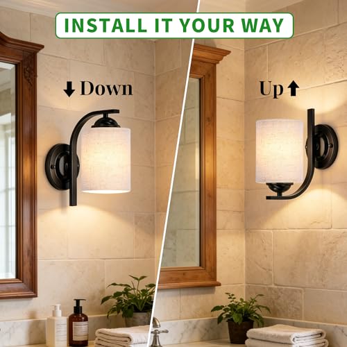 Image of 2-Pack Wall Sconces for Bedroom and Bathroom, Matte Black Farmhouse Wall Light Fixtures with Fabric Shade, Modern Vanity Wall Lamps for Living Room, Hallway, Kitchen