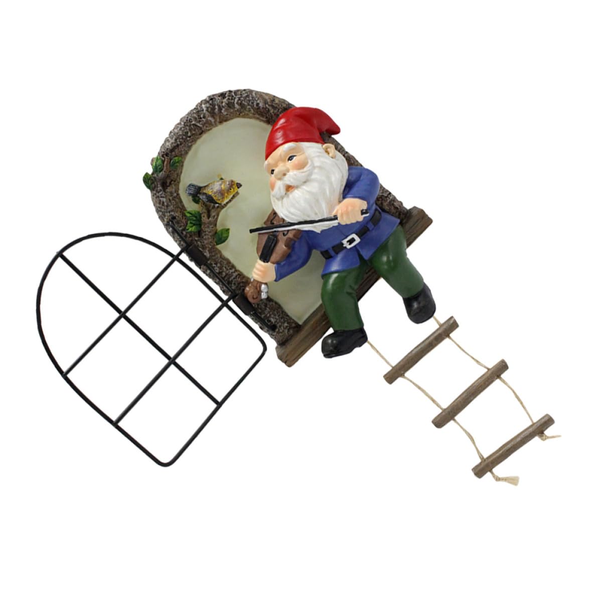 Gnome de jardin suspendu au violon déco féerique pour ambiance de terrasse et patio