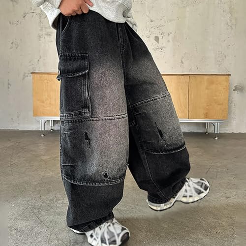 Cargo Pants for Boys Baggy Straight Wide Leg Casual Elastic Waisted Y2k Stretchy Relaxed Fit Denim Pants with Pockets4
