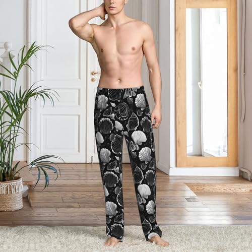 Mens Pajama Pants - Black Sketch Shell Print Soft Sleep Lounge Pants For Men, Casual Pj Bottoms With Pockets2