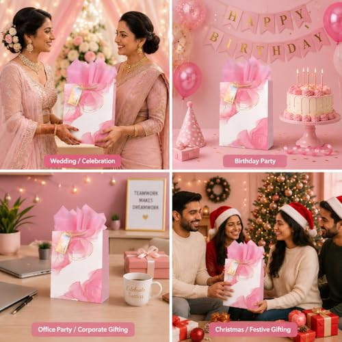 Image of Flora Paperbags | Paper Bags for Gifting - Pack of 5 | Gift Bags with Handles for Return Gifts, Wedding, Birthday, Baby Shower, Diwali & Corporate Gifting | Medium Size 30 x 23 x 9 cm | Paper Gift Bags