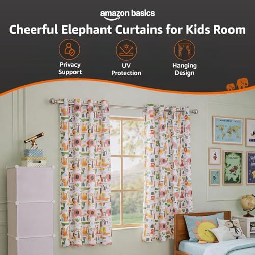 Image of Amazon Basics - Kids Room Darkening Digital Printed Window Curtains, 80-85% Room Darkening | 5 Feet |Set of 2| Digital Print | Kids Curtain |For Living room and Bedroom | 115cmx 150cm, Design-Elephant