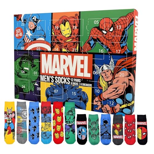 United Labels Marvel Adventskalender mit 12 Paar Socken für Herren Größe 40-45 Kalender mit Sneaker und langen Socken Weihnachtskalender Geschenk