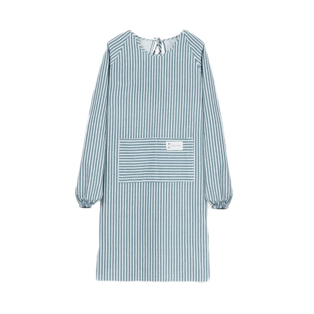 Tablier à manches longues bleu en coton et lin pour cuisiner et s'activer chez soi