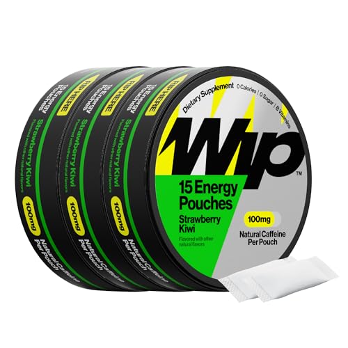 Image of Wip Energy Pouches | 100mg Natural Caffeine | Vitamins and Minerals | Strawberry Kiwi | 15 Pouches Per Can | 3 Cans