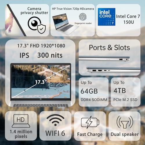 Image of HP 2025 Essential Laptop, 17.3 inch FHD, Intel Core 7 150U (Beats I7 1335U), 128GB RAM, 93TB SSD, Fingerprint Reader, Backlit Keyboard, Wi-Fi 6, Win 11 Home, Blue, Bundle with ADATA 512 External SSD