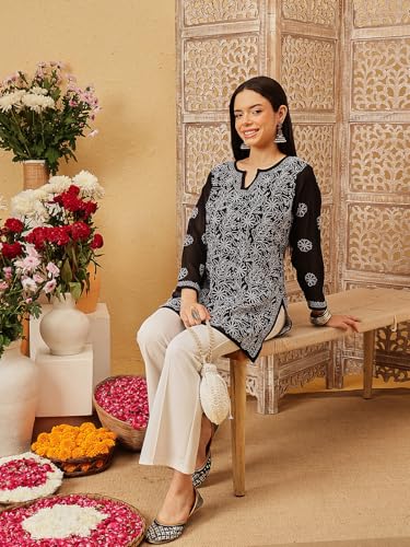 Image of Ada Women's Georgette Regular Fit Chikankari Hand Embroidered Lucknow Short Kurti Top A911224