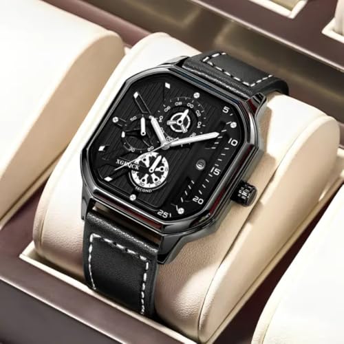 Image of Men's Luxury Square Dial Analog Watch with Leather Strap, Luminous Display, Waterproof Quartz Wristwatch - Casual & Formal Wear