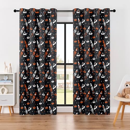 BOHOMOCASA Kids Space Themed Blackout Curtains - 100% Blackout, Thermal Insulated, Noise Reducing, Perfect for Kids Room and Nursery, 2 Panels (Starlight Rocket Chase, W52×L84)