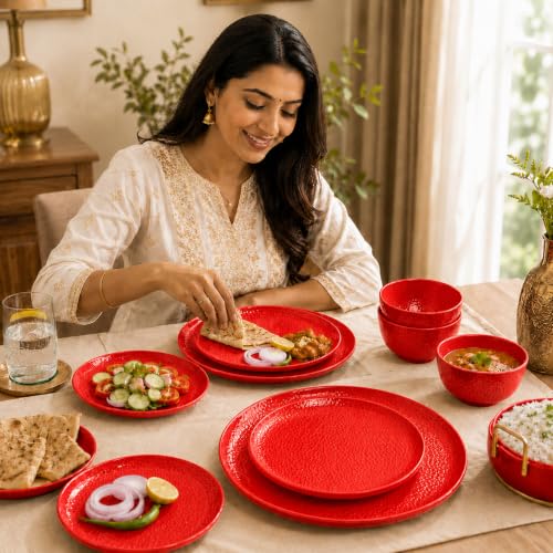 Image of MARKET 99 Heavy-Duty Red Hammered Melamine Dinner Set 12 Pieces | 4 Dinner Plates 4 Side Plates 4 Soup Bowls | Glossy Finish Durable Tableware for Daily Dining Home Kitchen