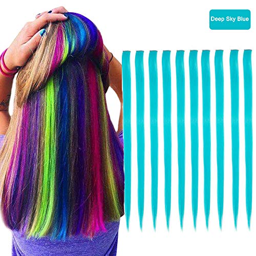 Carina Colored Clip in Hair Extensions 10pcs/lot 22 inch Straight Fashion Synthetic Hairpieces for Party Highlights Multi-Color (Deep-Sky Blue)