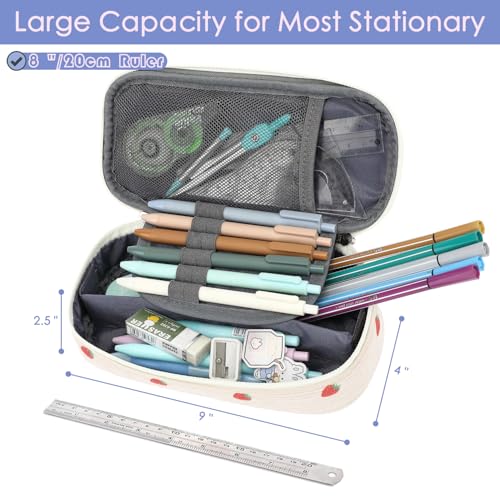 Image of FlowFly Large Capacity Pencil Case for Kids, Boys & Girls - Zippered Multi-Functional Pen Pouch, Soft & Portable Pencil Bag for School, Teens, Students, Corduroy Strawberries Beige