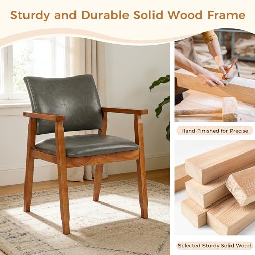 Image of NOBPEINT Mid-Century Modern Dining Chairs with Armrest Set of 4, PU Leather Upholstered Dining Room Chairs with Solid Wood Frame, Walnut Kitchen Armchairs for Kitchen Living Room Restaurant, Grey