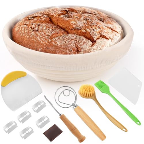 Cinnani 23cm Cestino Rotondo da Lievitazione,Cestino da Lievitazione per Pane,Cesto in Rattan Naturale con Tela di Lino,cestino per La Fermentazione, Accessori per La Cottura Del Pane