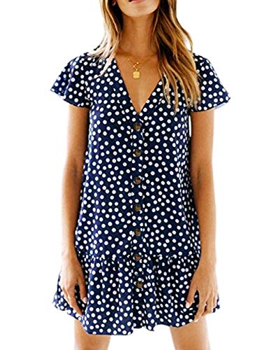 Halife Women Fall Summer Casual Dresses Vneck Ruffle Sleeve Flower Print Button Down Tunic Dresses Above Knee Length Tshirt Dress Navy Blue,S