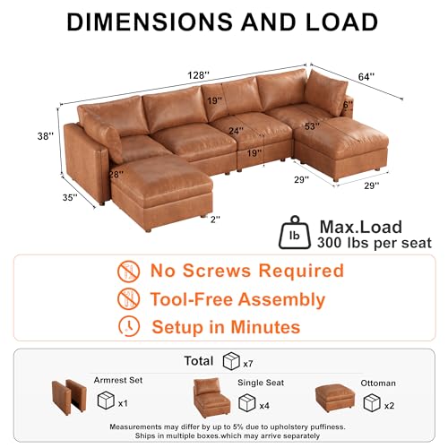 Image of 128'' Faux Leather Modular Sectional Sofa with Storage, Oversized Mid Century Modern Leather Sectional Couche for Living Room, 4 Seater Deep Seat Couch with 2 Storage Ottoman, U-Shaped, Camel