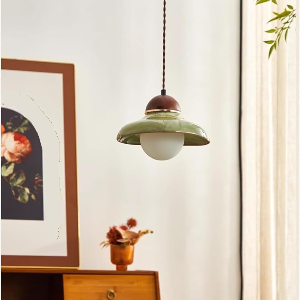 Französische Retro-Pendelleuchte aus grüner Keramik im mittelalterlichen Stil, kugelförmige milchweiße Glass-Hängelampe mit verstellbarem Kabel, dekorative Kücheninselleuchten for Schlafzimmer