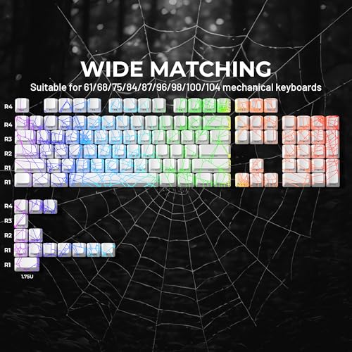 Image of x XVX Shine Through Keycaps w /IMD Tech, Custom Spider Web Keycaps 60 75 100 Percent, White Key Cap Set Lines Backlit, OEM Profile Side Printed for Keyboards
