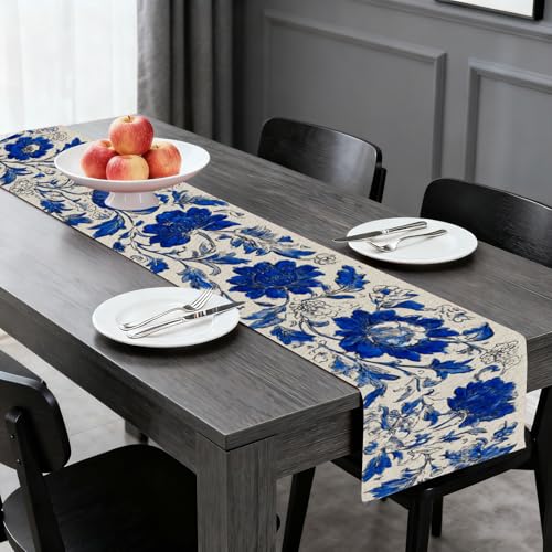 Image of Nuxovilar Hand Drawn Floral Table Runner Flax 13x72 in | Holiday Runner Linen Placemats Dining Accessories Set Afternoon Tea Home Decor (Blue Floral Hand Drawn)
