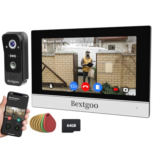 2K Videoportero WiFi con Tarjeta 64G, Bextgoo Video Portero Automatico WiFi con Camara, 7'' Monitor Táctil Color, 4 Hilos, 170° Visión, Audio Bidireccional, Detección Movimiento, Visión Nocturna, IP66