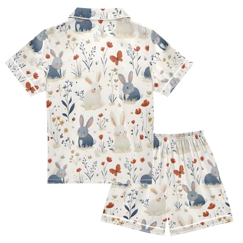 ALAZA Bunny Rabbit Flower Blossom Leaf Satin Pajamas Set Short Sleeve Button Down Sleepwear Summer Pjs 2 Piece2