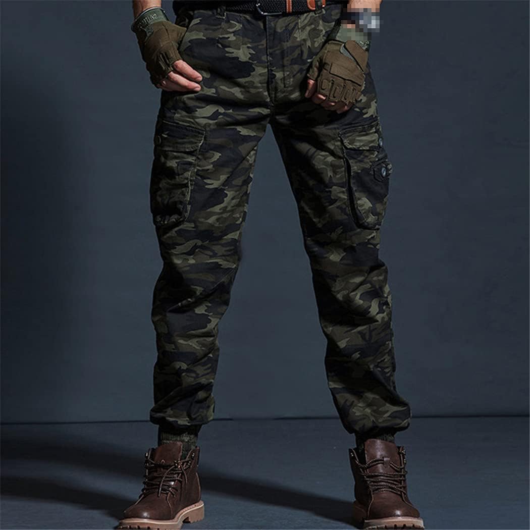 KEHAIOO Khaki Casual Pants, Men Military Tactical Joggers, Camouflage Cargo Pants, Multi-Pocket Black Army Trousers Green camouflage1A 32