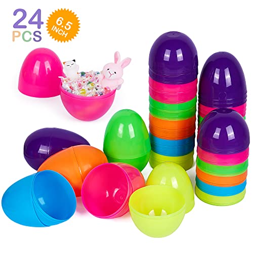 HOOJO 24 PCS 6.5â€³ Jumbo Plastic Easter Eggs Fillable with 6 Bright Assorted Colors, Empty Giant Eggs for Easter Egg Hunt, Surprise Egg, Filling Treats, Basket Stuffers and Easter Party Favor