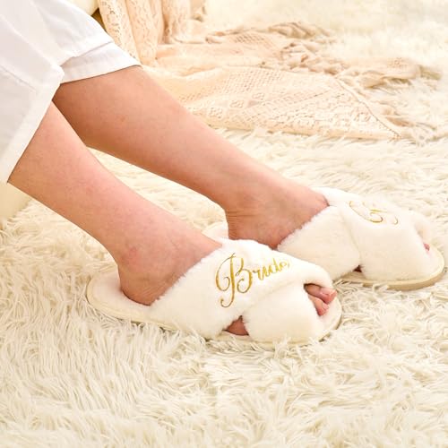 Bride Slippers for Wedding Day, Embroidery Bride To Be Bridal Shower Gift for Women Bridesmaids, Personalized Bride Open Toe Fuzzy Flip Flops, Getting Ready Outfit, Bachelorette Party Gift4