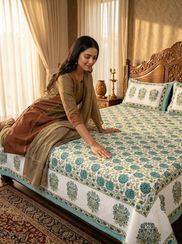 Image of Mafatlal 144 TC Jaipuri Cotton King Bedsheet | 90 x 108 Inches | Soft & Skin-Friendly | Handcrafted Jaipuri Print | 2 Pillow Covers | White Down