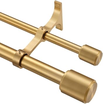 Warm Gold Double Curtain Rods for Windows 36-72", Double Curtain Rods with Cap Finials, Adjustable 1 Inch Front and 5/8 Inch Back Double Drapery Rod, Telescoping Dual Curtain Rod Gold Double Rods