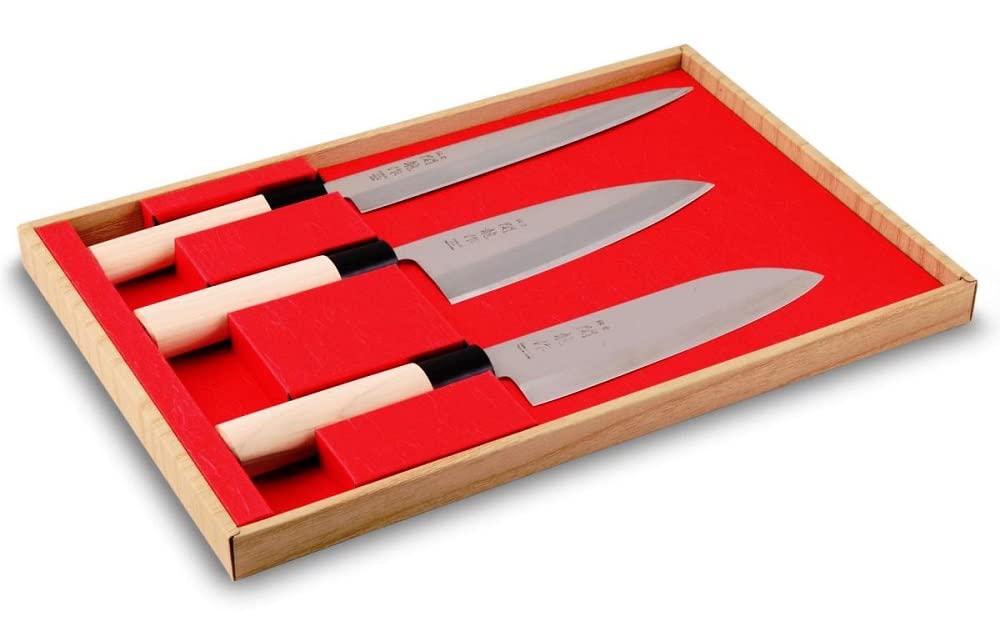 SekiRyu Set de 3 Couteaux Japonais SR801 - Sashimi, Santoku et Deba - Lame en Acier Inoxydable