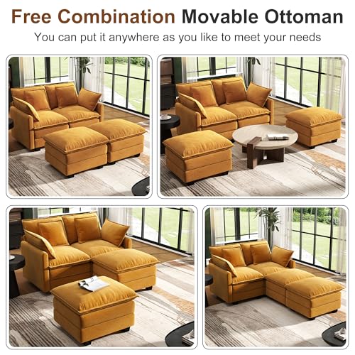Image of 58 inch Cloud Couch Sectional Modular Sofa, Deep Seat Couches with Ottoman and Removable Washable Pillows for Living Room, Bedroom, Apartment, Orange