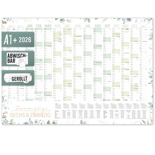 Häfft® abwischbarer Wandkalender 2026 groß 'Blattgold' 89 x 63 cm (größer als A1) gerollt, Wandplaner für 15 Monate: Nov 2025 - Jan 2027 - nachhaltig & klimafreundlich