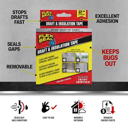 Image of Flex Seal Draft and Insulation Sealing Tape, Flexible, Rubberized, Weatherproof Strip for Windows, Doors, Vents, Works on Wood, Glass, Tile, Metal, Plastic, Fiberglass, Clear, 2 in x 16 ft, Pack of 1