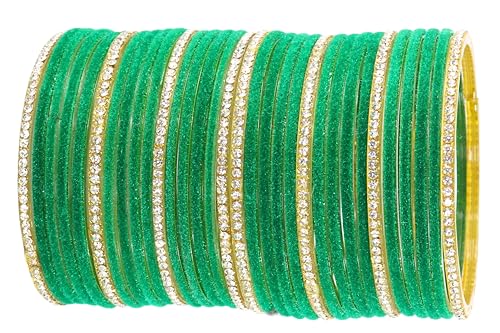 Image of NMII Fancy Glass Golden Zircon Diamond Stone & Velvet Finish Plain Bangles Set For Women & Girls | Glass Velvet Bangles | Kanch ki Chudiyan | Girl's Bangles Bracelet | Fashion Jewellery- Set of 32
