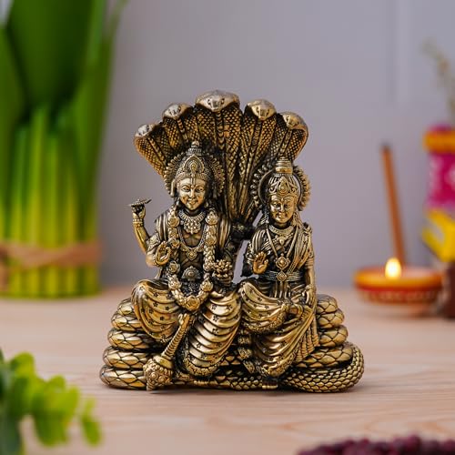 Image of Maa Laxmi And Vishnu Ji Resting On Snake Idol Brass 5.5 Inch Maa Lakshmi Vishnu Ji Sitting On Sheshnag Murti Lakshmi Narayan Statue for Home Office Temple Diwali Puja Gifting Decor Purpose