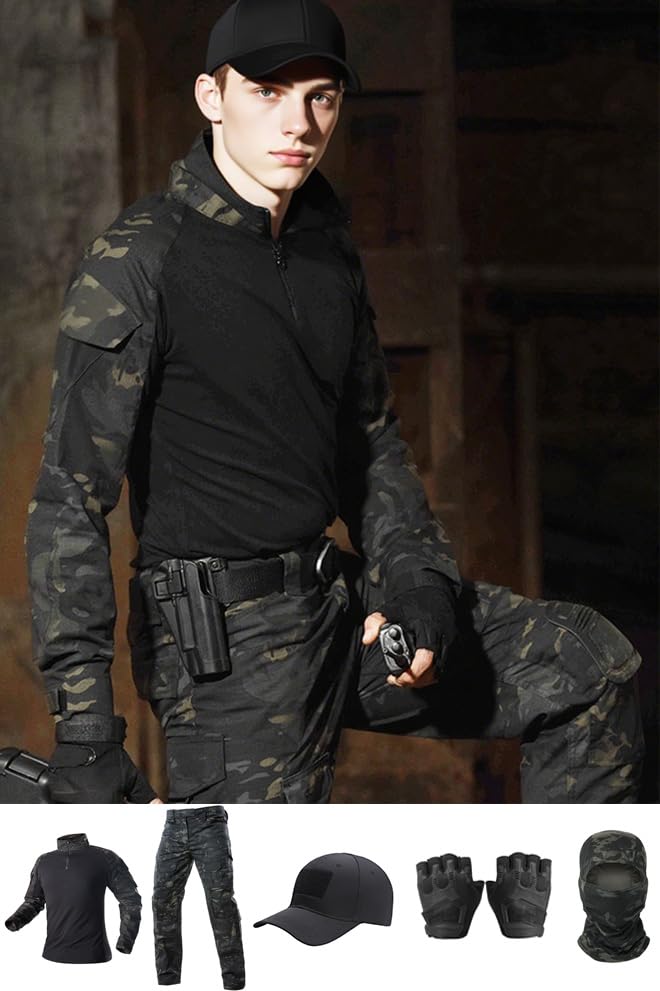 Tactical Uniform,Combat Pants and Shirt,Cap Balaclava Gloves Set,Camo Camouflage Suits, Men's Military Airsoft Gear - Image 3