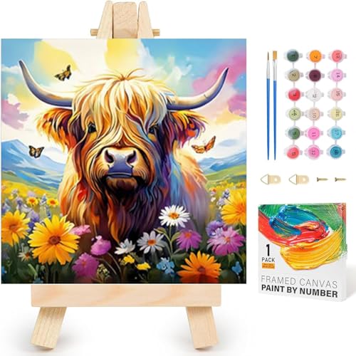 Arttoplus 牛用ペイントバイナンバーキット キッズ用 フレーム付き 8~12歳までの数字によるかわいいキッズペイント 木製イーゼル付き 簡単 DIY 動物 アクリル 油絵 ギフト ホームウォールデコレーション (8x8インチ)