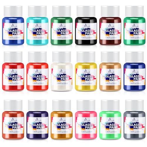 Glass Paint, Bearals 18 Colors Stained Glass Paint, Paint for Glass, Glass Paints for Glass Painting, Non Toxic Glass Paint for Wine Glasses, Light Bulbs, Windows and Ceramics (0.85 fl.oz)