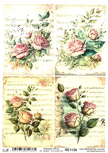 Josys Bastelmärchen Reispapier A4 Strohseide Decoupage Serviertentechnik Noten Rosen Vintage RE1138 Cover