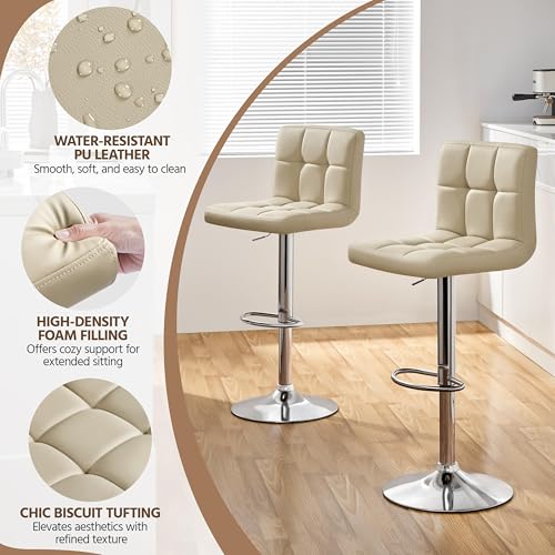 Image of Yaheetech Bar Stools Set of 2, Adjustable PU Leather Swivel Barstools, Modern Counter Stools with Back and Footrest for Bar, Kitchen, Dining Room, Khaki
