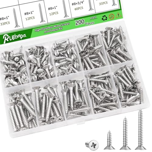 200PCS 304 Stainless Steel High Hardness Wood Screws Assortment Kit, 3 Sizes #8×1/2",#8×3/4",#8×1",Phillips Drive Flat Head, Wood Screws, Screws,