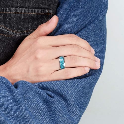 (8mm) Unisex or Men's Tungsten Carbide Wedding Ring Band. Domed Silver Tone Ring with Blue Turquoise Granules Inlay. One Year Warranty Included.4