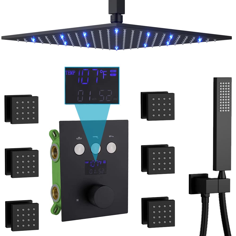 Buy Matte Black Shower System with 6 Body Jets AYIVG 12 Inch LED ...