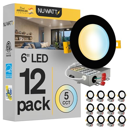 NUWATT 12 Pack 6 Inch Ultra-Thin Black LED Recessed Lighting 5CCT 2700K/3000K/3500K/4000K/5000K Selectable 1050LM 15W Water Resistant IC Rated Dimmable Canless Slim Wafer Light with J-Box ETL