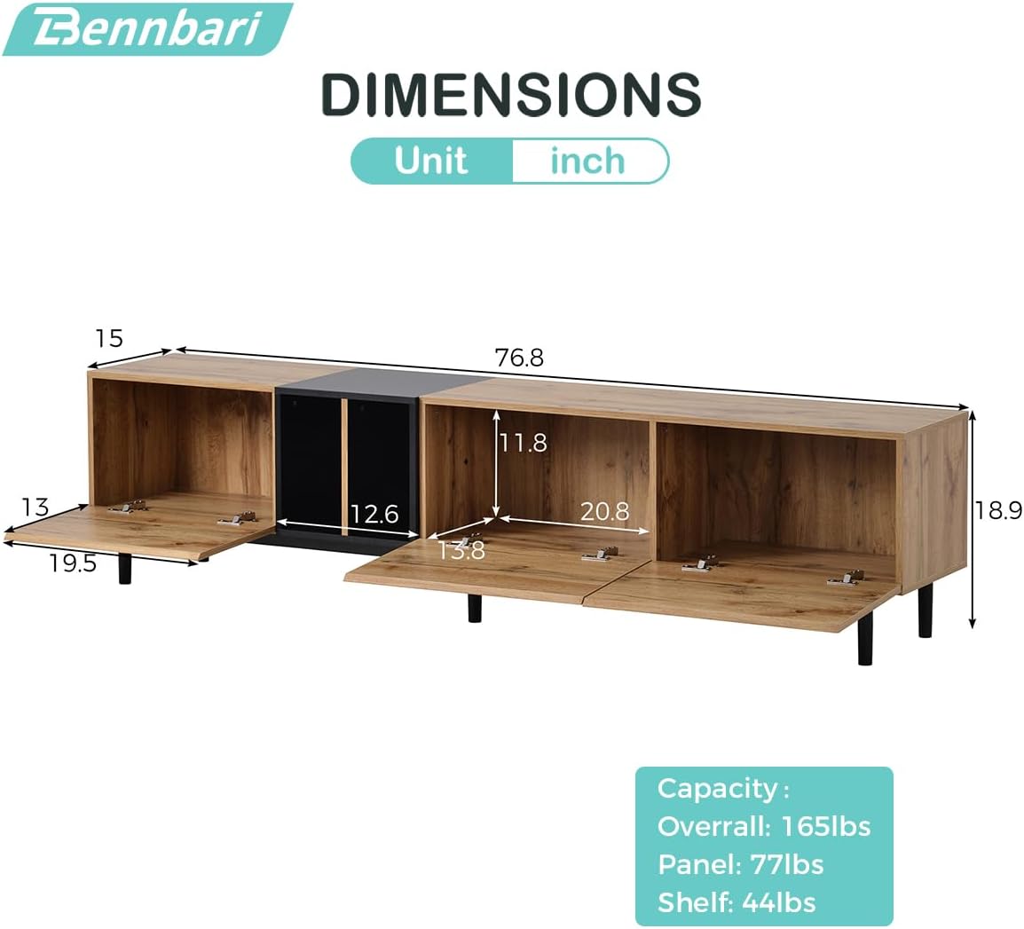 76.8" Modern TV Stand for 85" TV with 3 Drop Down Doors, Minimalist Entertainment Center with Storage Cabinets and Open Shelves, Media Console Table for Living Room (Natrual)