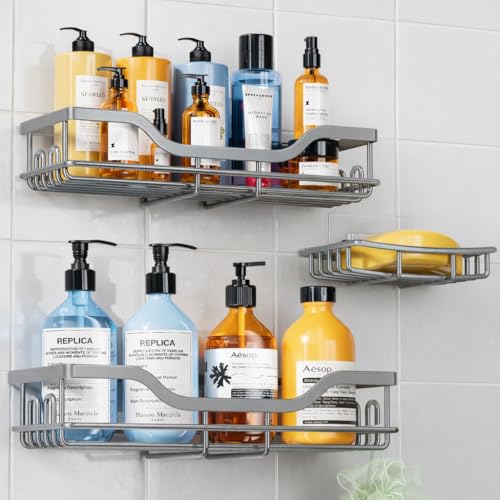 Image of OMAIRA 3-Pack Shower Caddy with Soap Holder, Adhesive Rustproof No-drill Strudy Loading Inside Shower Organizer Shelves Rack Storage Bathroom Organization for Smooth Wall Glass Tile, Grey (Large)